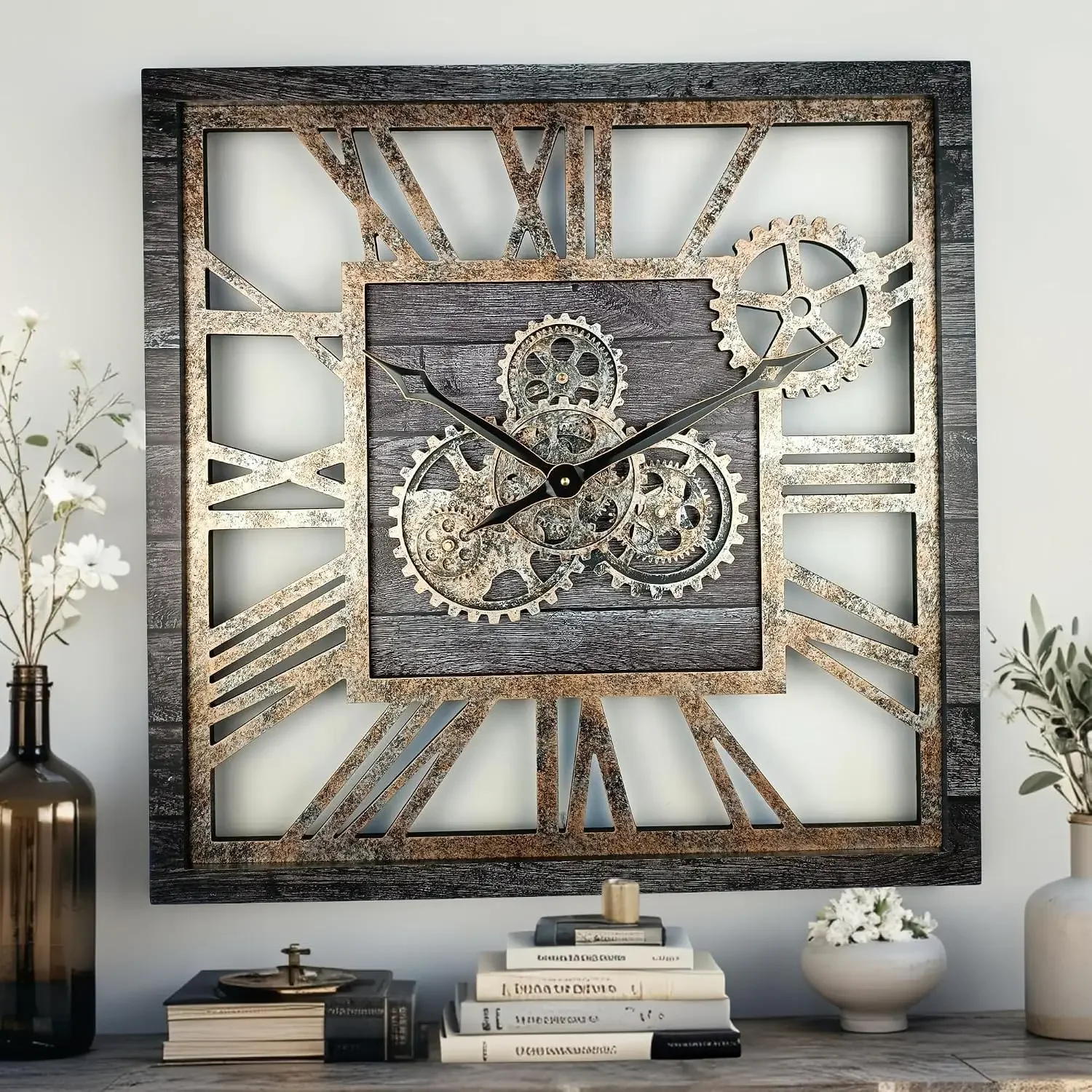 The Gears Clock 24'' Inch Square Real Moving Gear Wall Clock Vintage Industrial Oversized Rustic Farmhouse (Carbon Grey)