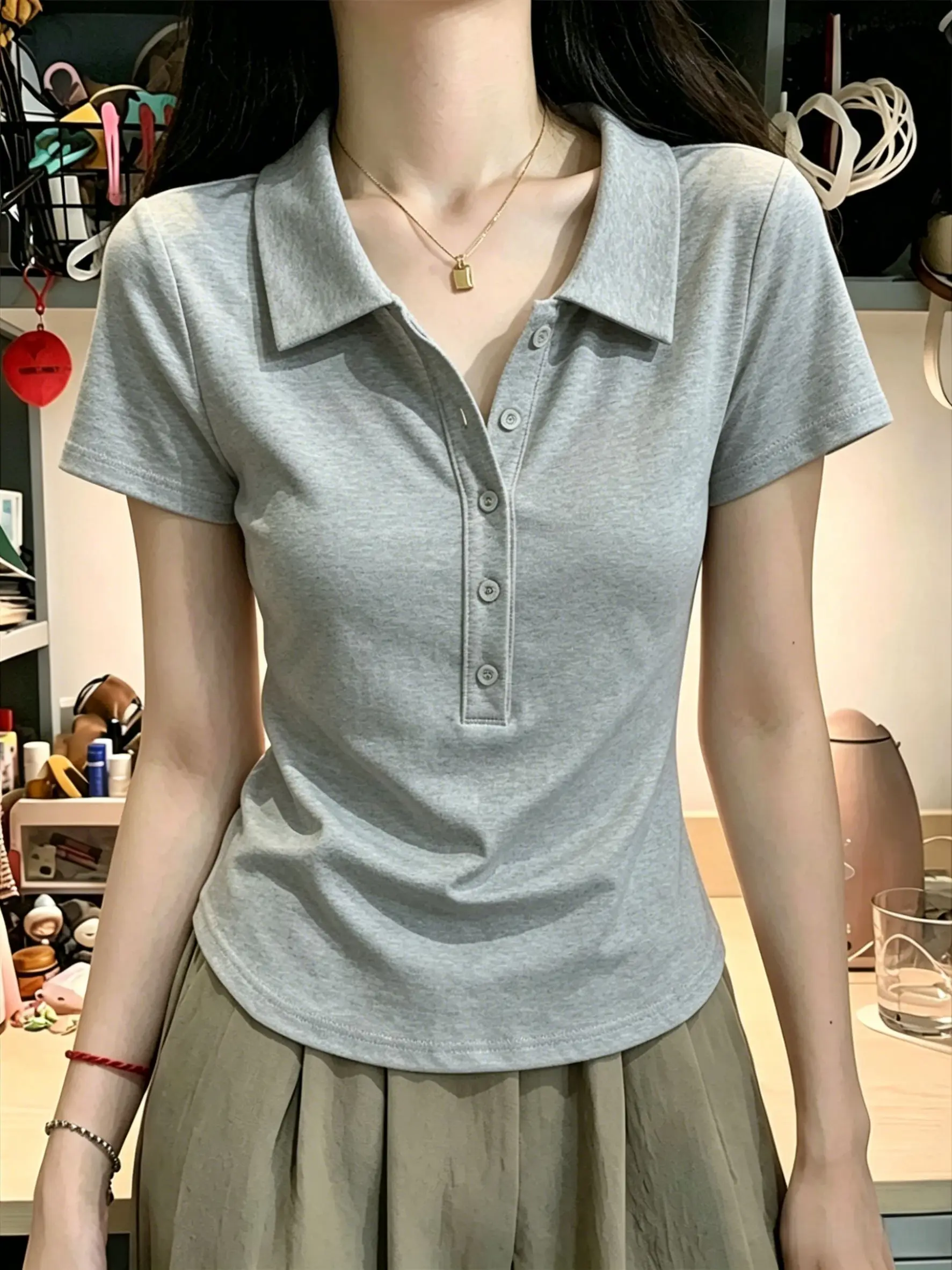 

Summer Women's Slim Fit Neck Short Sleeve T-Shirt 95 Cotton Turn-down Collar Regular Shoulder Ladies Top Casual Wear