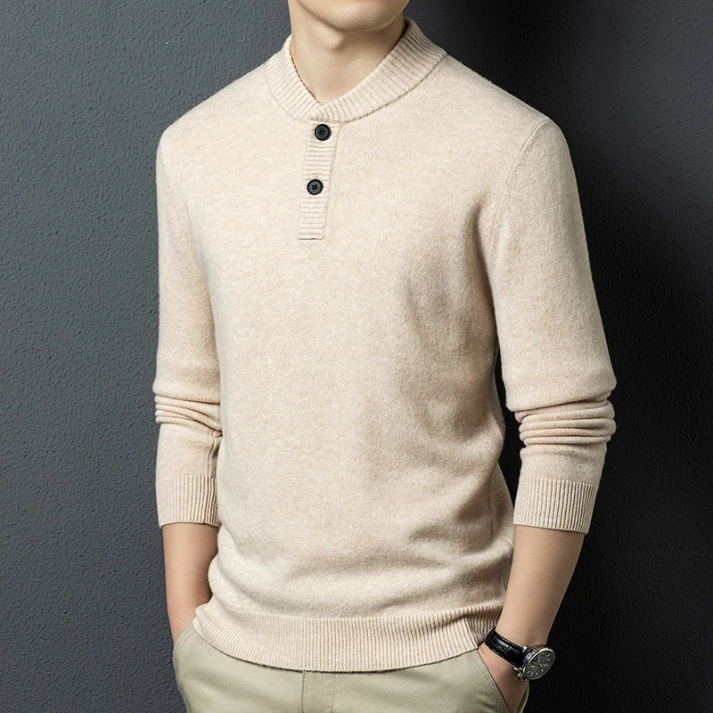 Trendy 2 Buttons Men Jumper 100% Cashmere Wool Clothes 2025 Winter Warm Long Sleeve Sweater Pullover Knit Tops