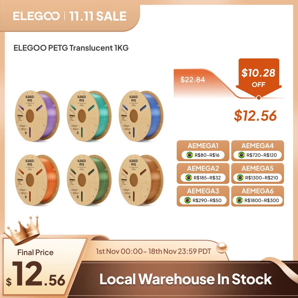 ELEGOO PETG Translucent Filament 1.75mm Grey 1KG, 3D Printer Filament For US EU DE