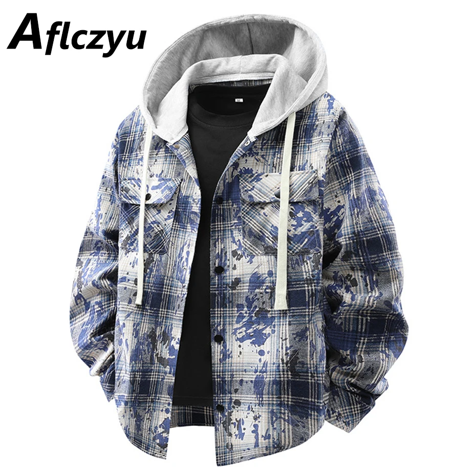 Hooded Tie-dye Plaid Shirt Men Long Sleeve Shirts Spring Autumn Fake Two Pieces Plaid Shirts Jacket Male Fashion Casual Blouse