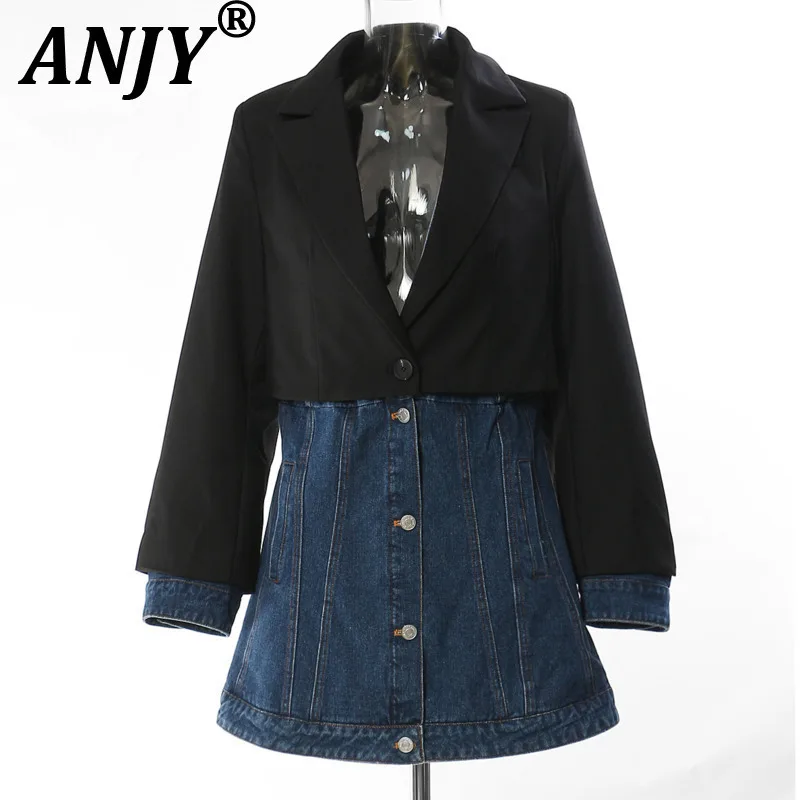 ANJY Autumn New Women American Fake Two-Piece Slim Fit Denim Patchwork Blazer Fashion Streetwear Casual Mid-Length Jacket A13520