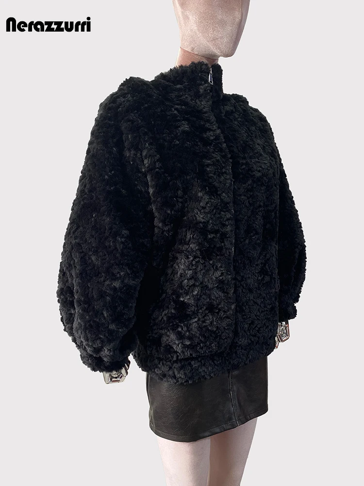 Lautaro autunno inverno carino dolce caldo spesso morbido nero corto cappotto di pelliccia sintetica donna con lunghe orecchie da coniglio Fuzzy Fluffy Jacket felpa con cappuccio