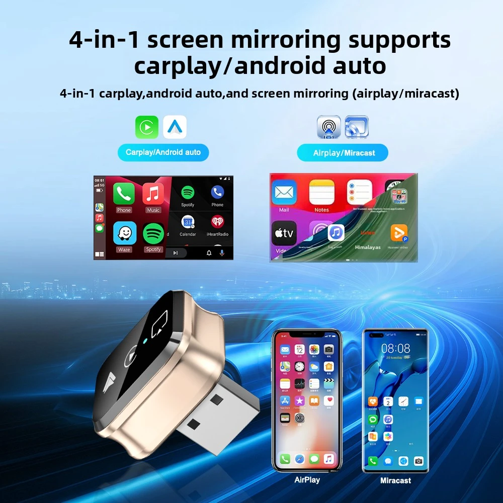 4in1 スマートワイヤレスCarPlayアダプター USB自動接続 プラグアンドプレイ iPhone、Android対応 車載用 USB スクリーンミラーリング対応