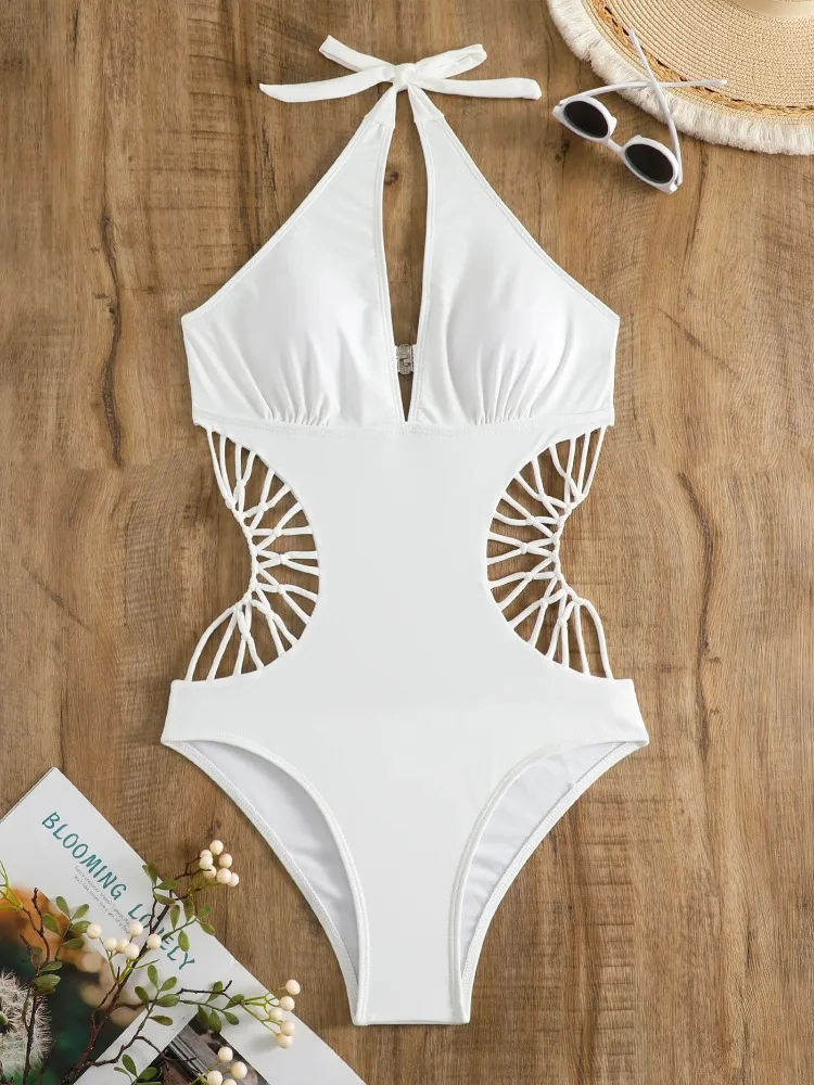 2024 Sexy Women's Cross One Piece Swimsuit Black Cut Out Swimwear Women Bathing Swimming Suit Female Beachwear Outdoor Bodysuit