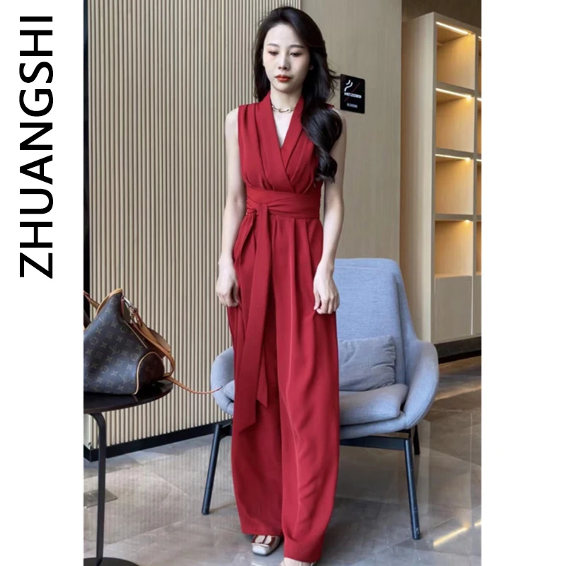 

Korean Style Elegant High-End Sleeveless Belted One-Piece Pants Women's Summer New Fashion Slimming Dress Pants