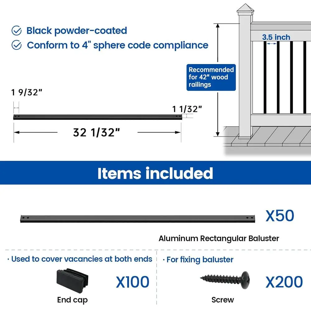 Balústres retangulares de alumínio de 32 polegadas, montagem frontal, com parafusos para trilhos e escadas compostos e madeira