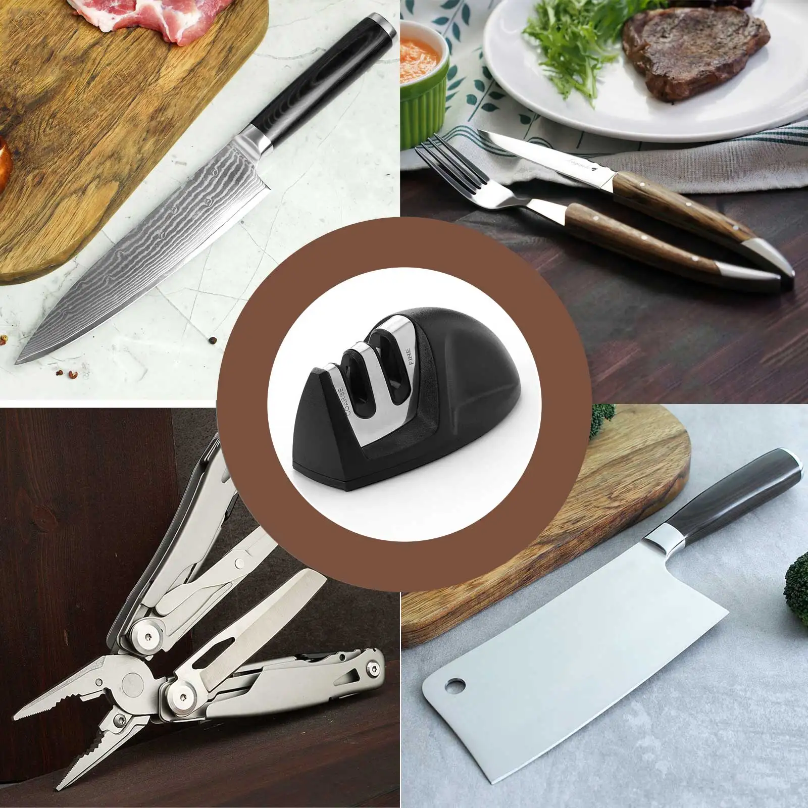 1pc  2-Stage Knife Sharpener | Black | Coarse & Fine Sharpeners | Compact for Easy Storage | Non-Slip Base