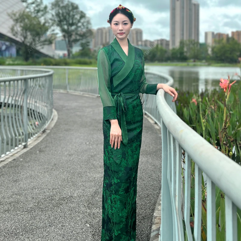 

Modern Tibetan Style Color-block Dress Women's Ice Silk Robe Ethnic Performance Outfit for Parties Ceremonies