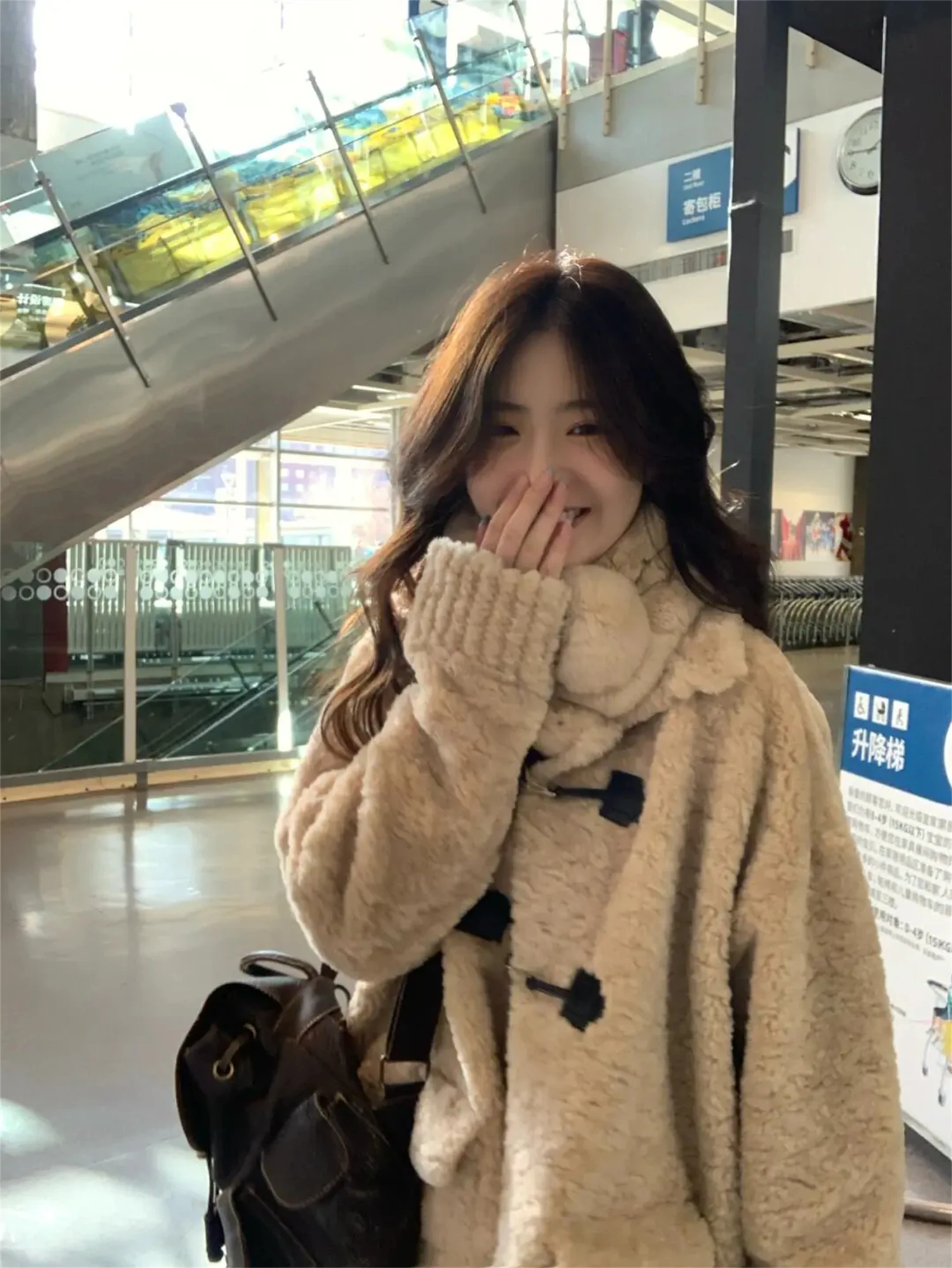 Vintage Preppy Teddy Fleece Toggle Duffle Jacket Women Oversized Lapel Collar Long Sleeve Fall Winter Casual Outerwear