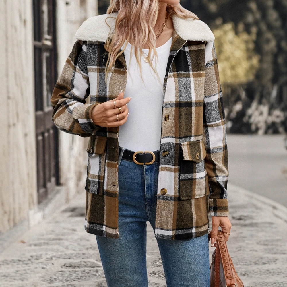 

Женский повседневный клетчатый кардиган на осень-зиму, однобортный однобортный топ на пуговицах с манжетами и рукавами с лацканами, повседневный модный топ