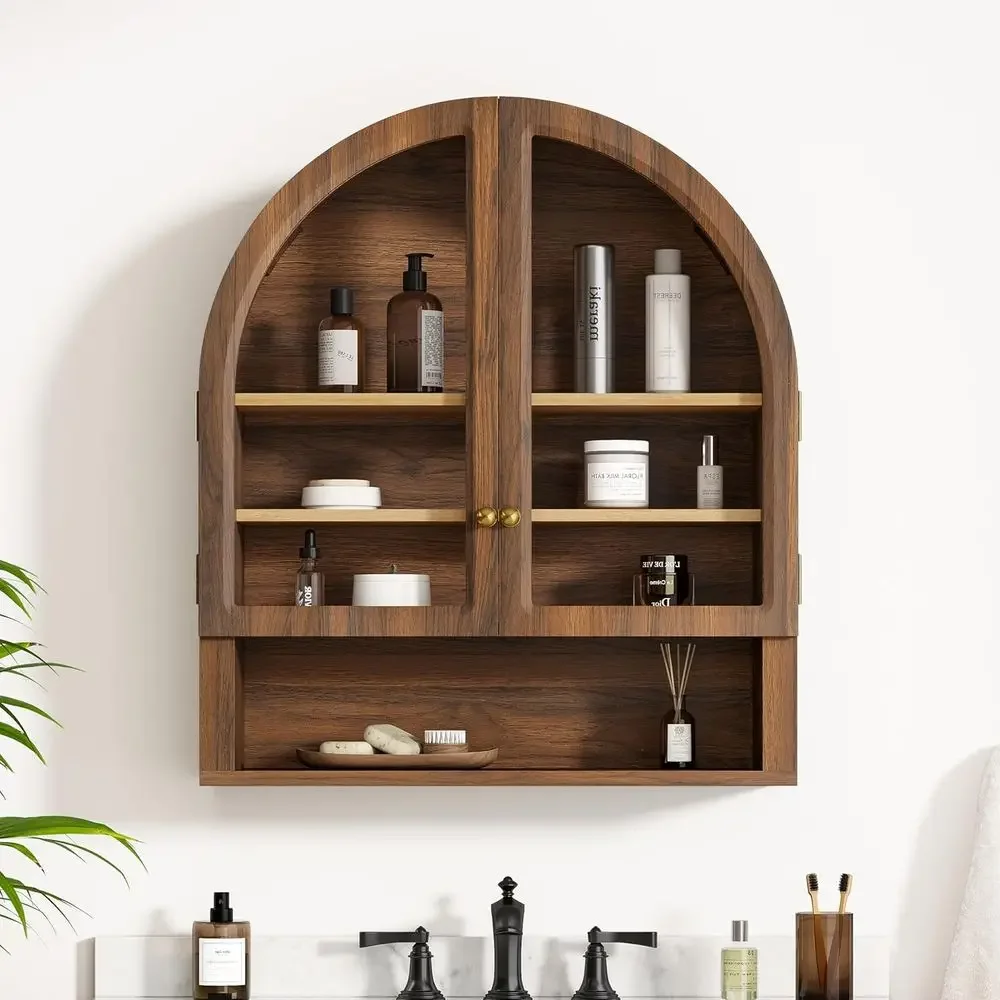 Elegant Arched Wall Cabinet with Open Shelves, Wood Bathroom Storage with Clear Acrylic Door, Adjustable Shelf Hanging Cabinet i view 5