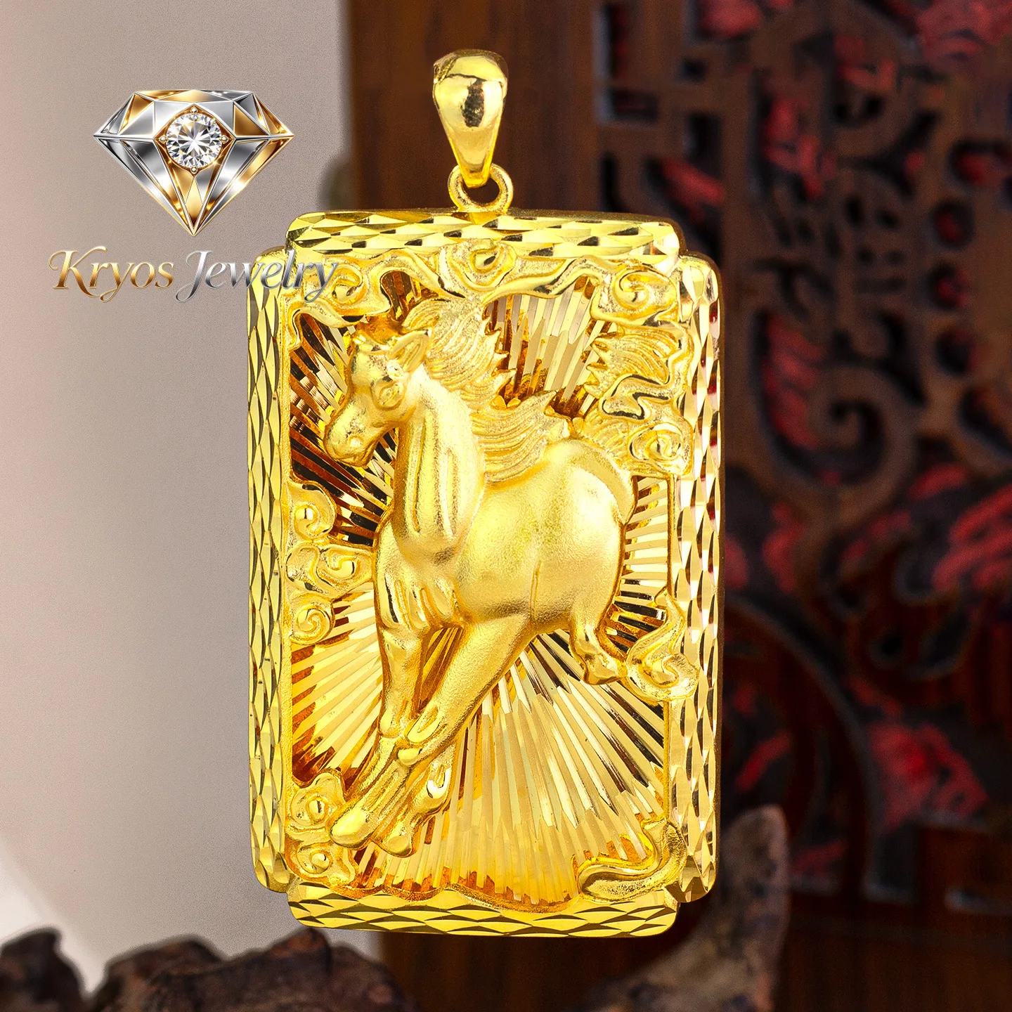 Kryos Jewelry Luxury 24K 9999 Pure Gold real gold Men's Horse to Success Pendant Necklace