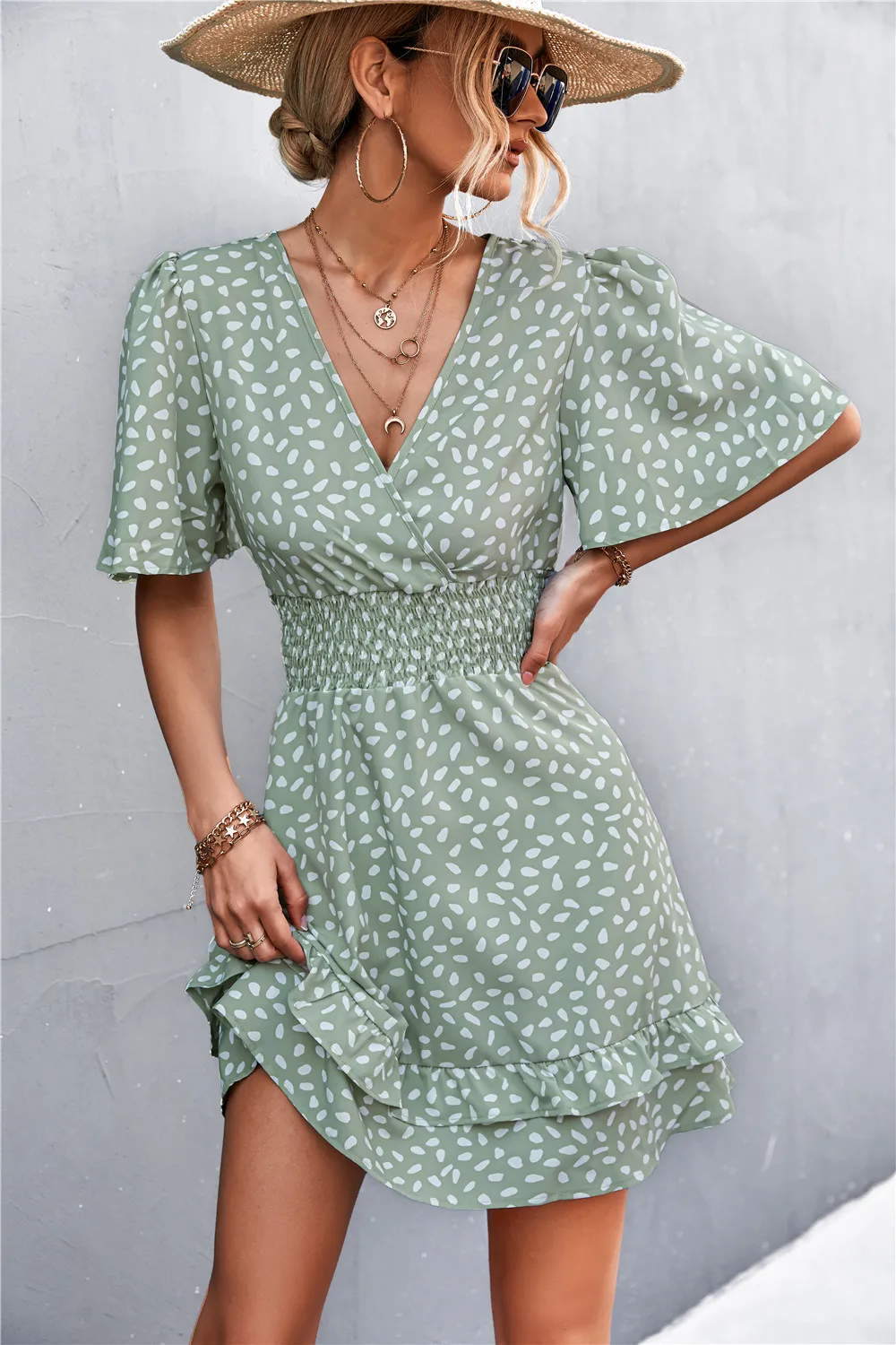 Women Dot Pattern Dress V-neck Ruffle Sleeve Dress Casual Street Sexy Style Dress Waist Wrap Dress Women Summer Dress