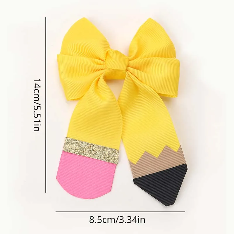 ncmama 2Pcs Back To School Yellow Pencil Shaped Ribbon Bow Hair Clip for Children Cute Glitter Hairpin Headwear Hair Accessories