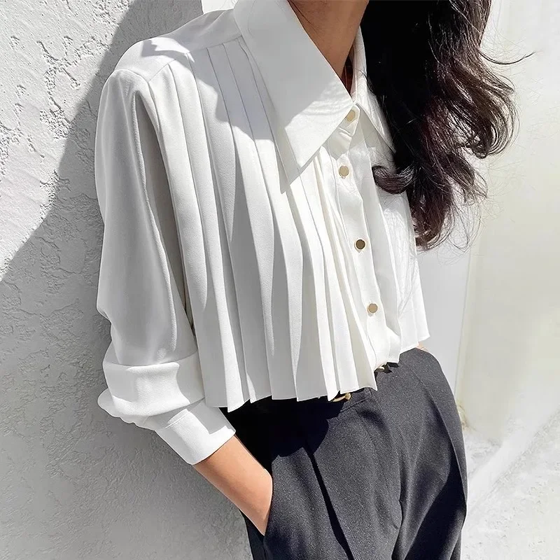 Neploe Elegant Lapel Neck Single Button Blouses 2024 Autumn Loose Pleated White Shirts Women Y2k Long Sleeve Blusas Mujer