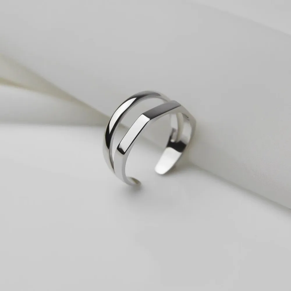 Minimalist Hollowed Adjustable Double-layer Ring Resizable Metal Silver Ring Smooth Line Opening Ring Gifts