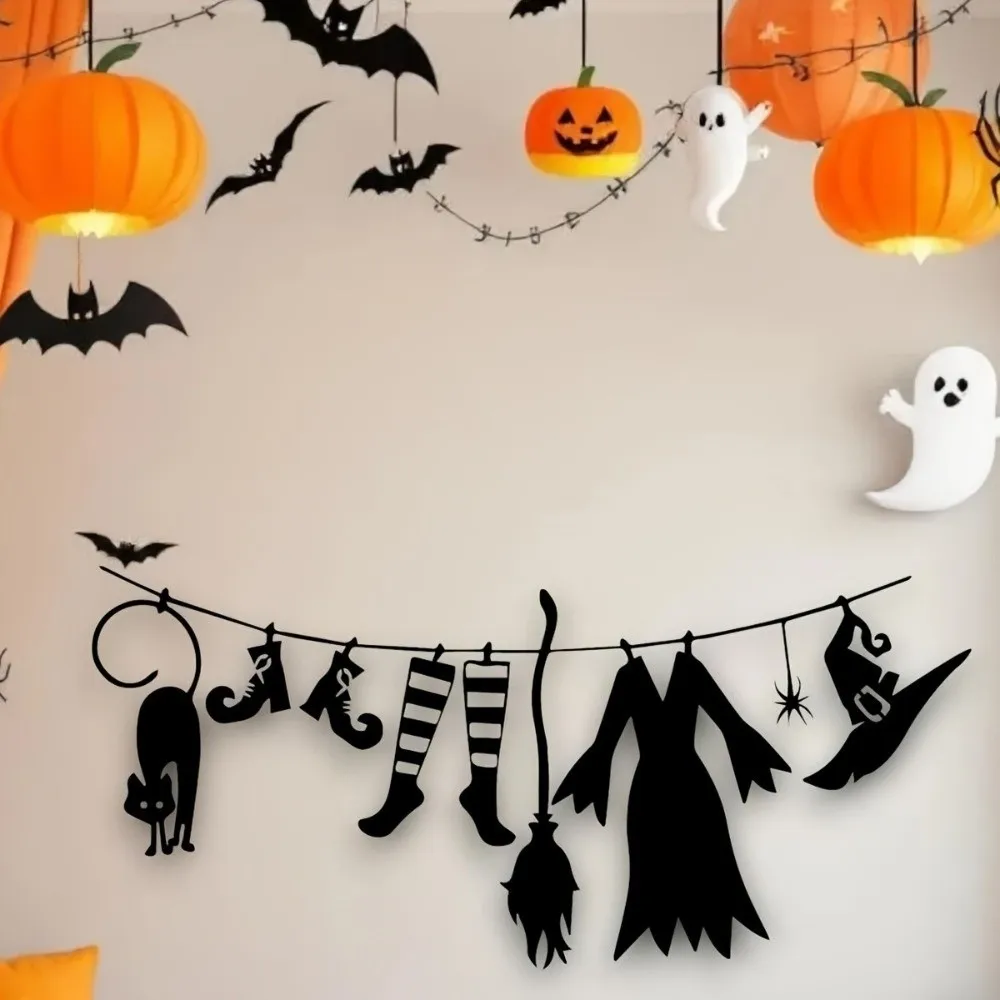 Acrylic Halloween Witch Hat Wall Art Spooky Witch Broom Halloween Wall Hanging Funny Black Cat Spider