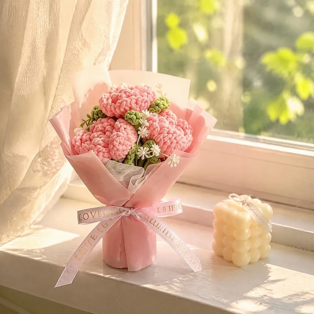 Fake Flowers Crochet Flowers Knitted Flower Hand Woven Artifiical Folwer Bouquet Romantic Sweet Artificial Flower Potted Plant