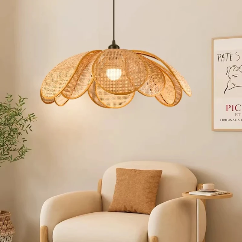 Japanese Woven Pendant Light Petal Design Creative Chandelier for Dining Room Unique Rattan Ceiling Fixture Bedroom Hanging Lamp