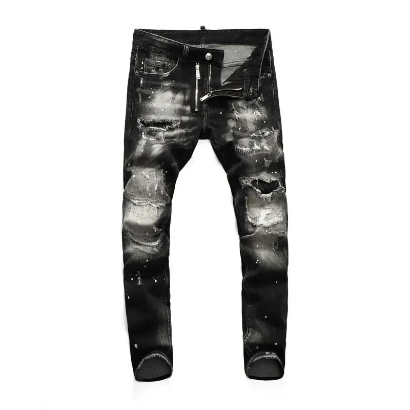 High Street Fashion Men's Black Grey Jeans Retro Elastic Slimming Ripple Jeans Men's Painted Designer Pants Hombre