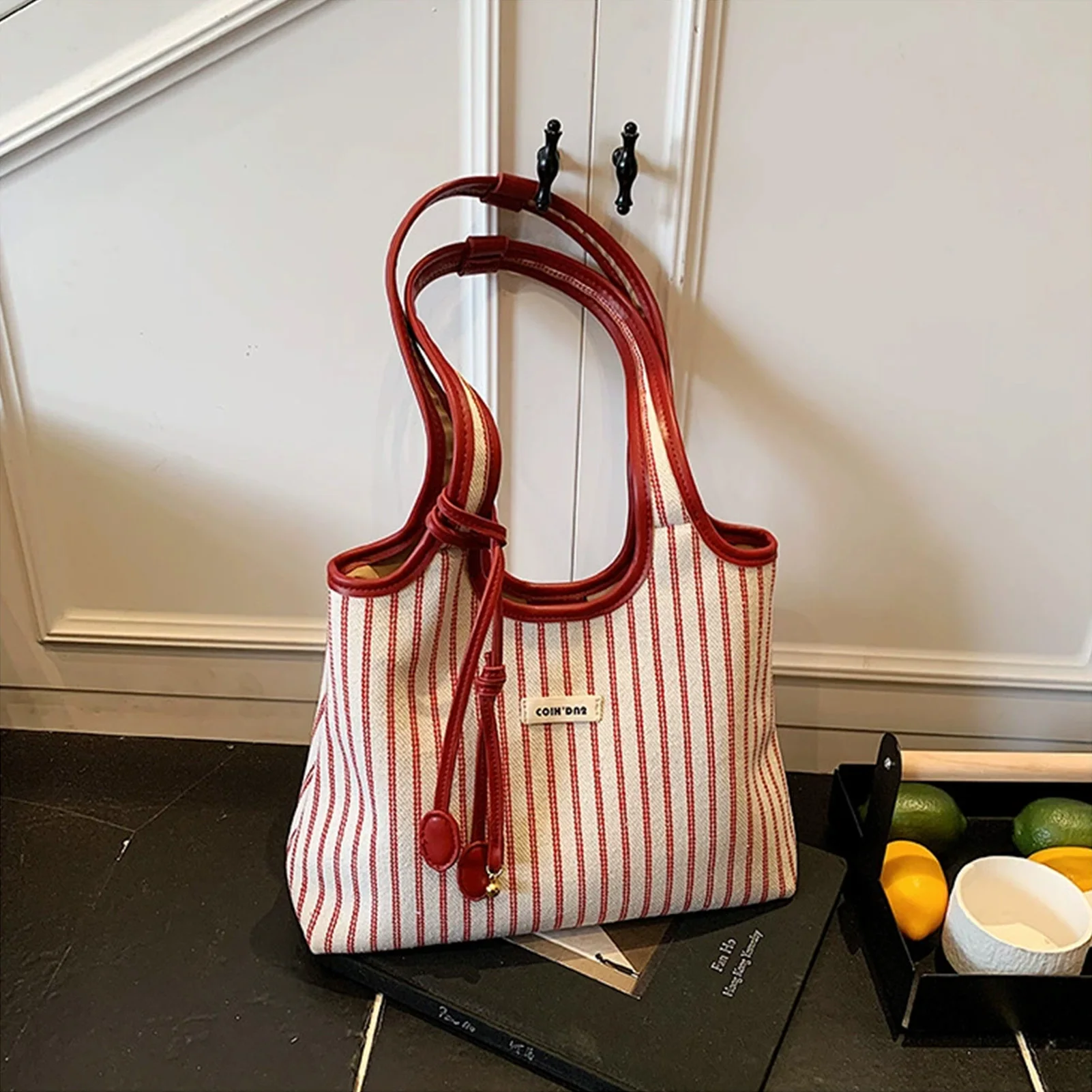 Striped Canvas Tote Bag for Women Large Capacity Shoulder Crossbody Bag Fashion Commute School Bag view 5