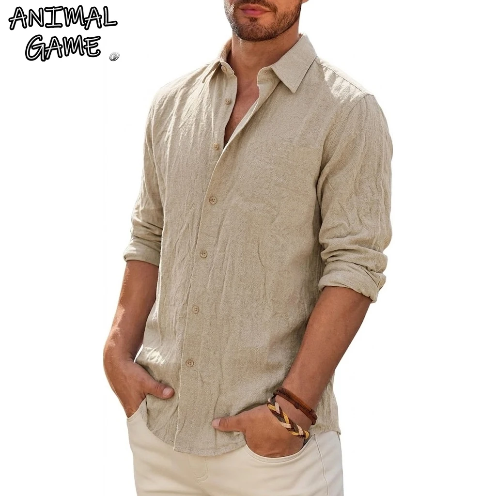 Cotton Linen Men's Long-Sleeved Shirts Summer Solid Color Stand-Up Collar Casual Beach Plus Size T-shirts Thin Hawaiian Shirt