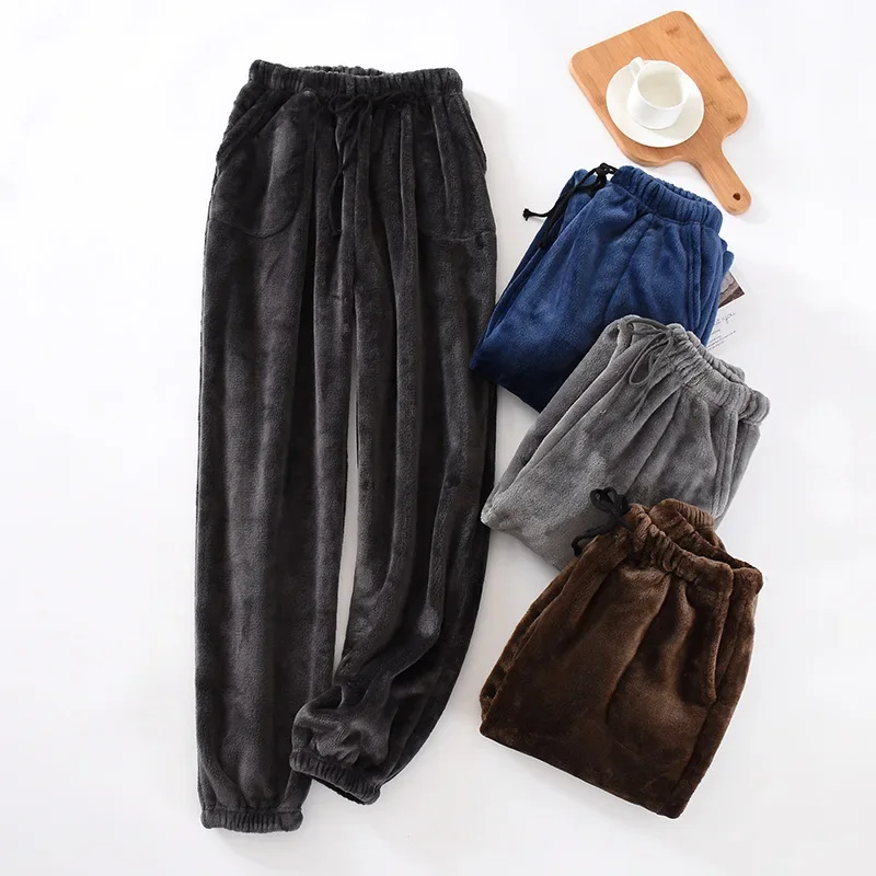 Japanese style new men's home pants thick flannel warm pants autumn and winter large size coral fleece trousers pajama pants