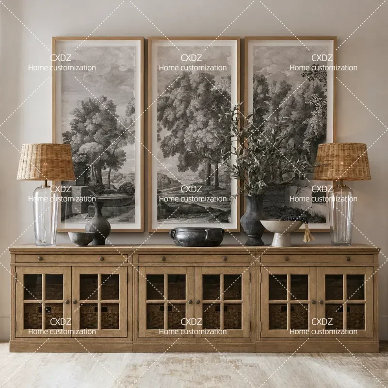 Rural Retro Solid Wood Glass TV Cabinet Small Apartment Storage Locker Living Room Floor Standing Media Console