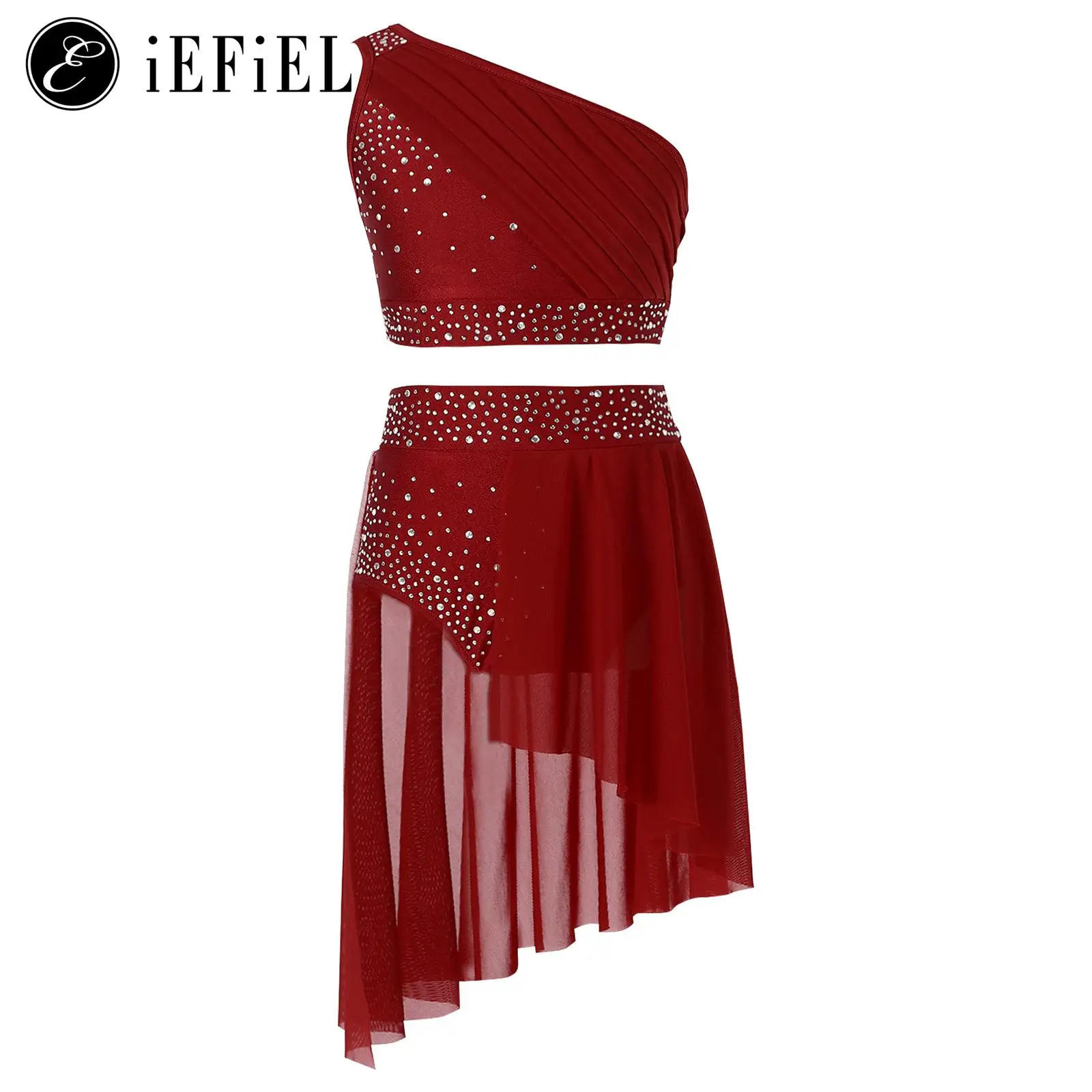 

Girls 2 Piece Lyrical Dance Outfit One Shoulder Crop Top with Irregular Skirts Modern Contemporary Dance Costume