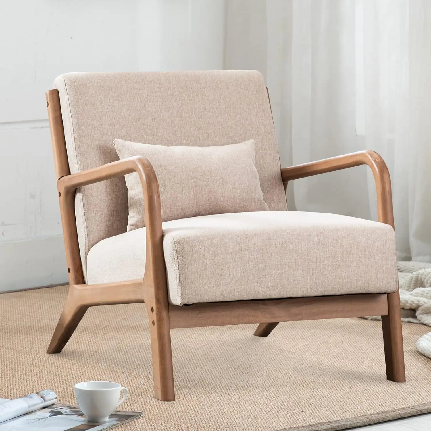 

Mid Century Modern Accent Chair with Wood Frame, Upholstered Living Room Chairs with Waist Cushion, (Beige)