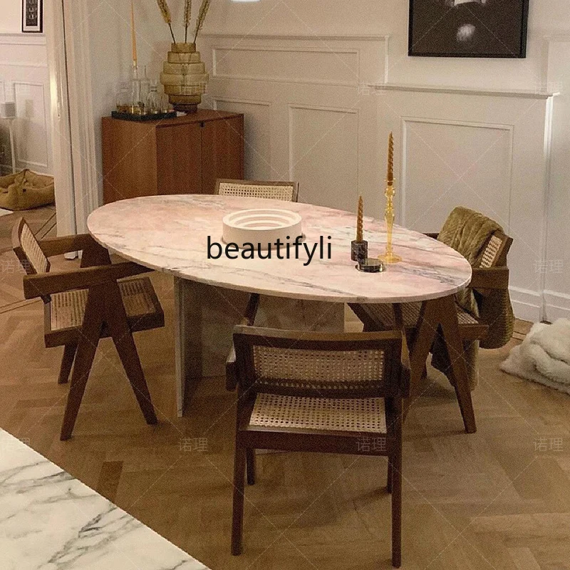 

Natural marble oval dining table modern simple light luxury stone dining table custom Italian style