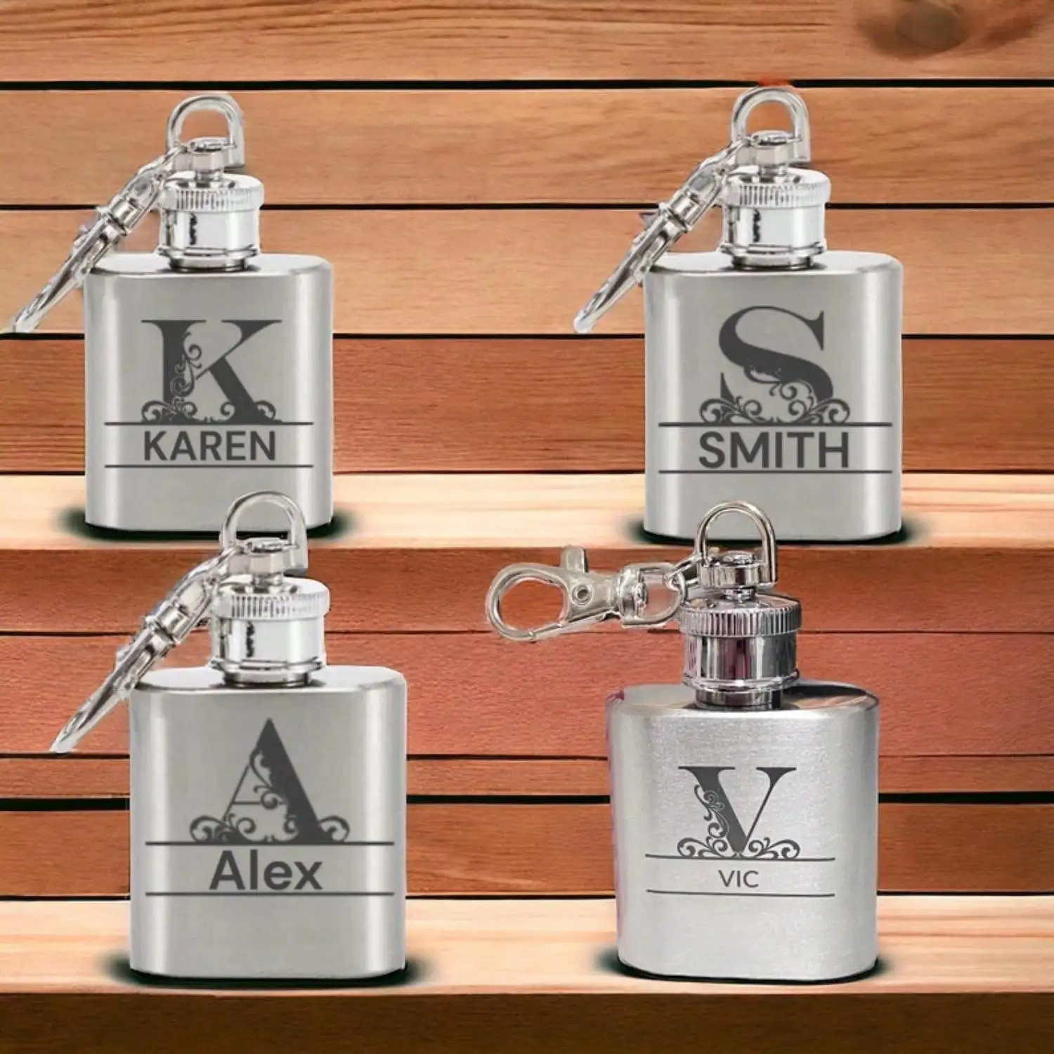 Personalized steel silver hip flask, keychain flask, custom engraved spirits & whiskey flask, engraved spirits flask gift, porta
