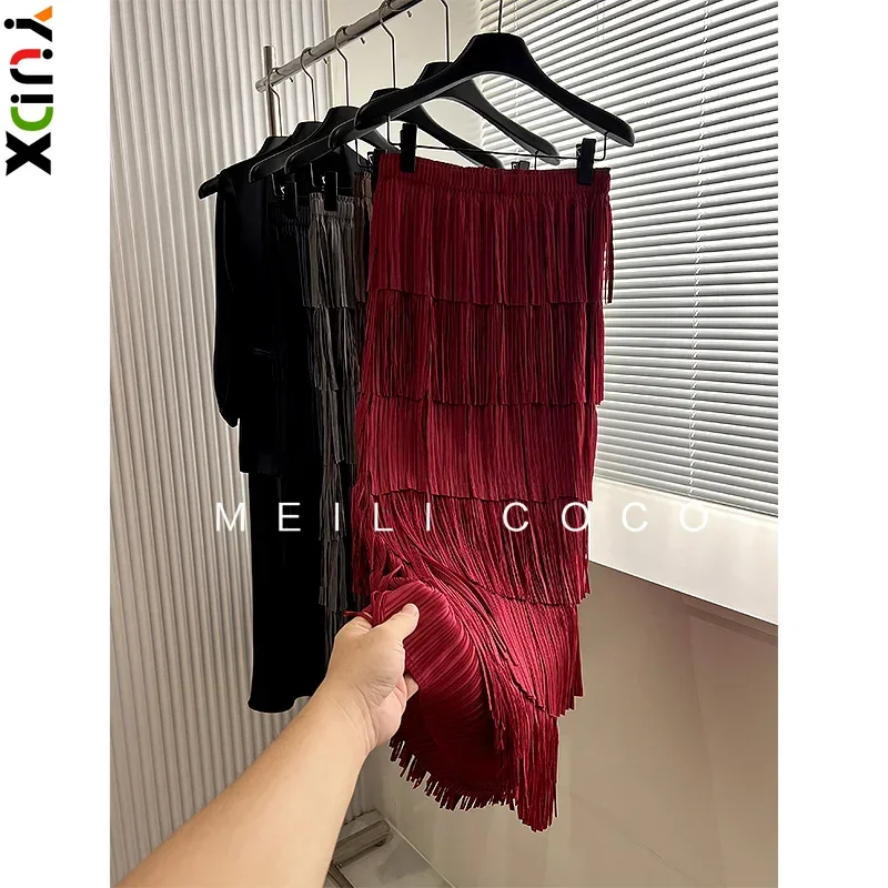 YUDX Women's Half Skirt 2024 Autumn New Solid Color Tassel Fashion Niche Peplum Temperament Pleated Mid-Length Half Skirt