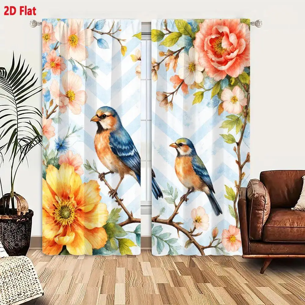 Watercolor Floral Curtain Panels Boho Botanical Cottage Style Window Curtains Spring Peony Bird Motif Curtain Set for Home Decor