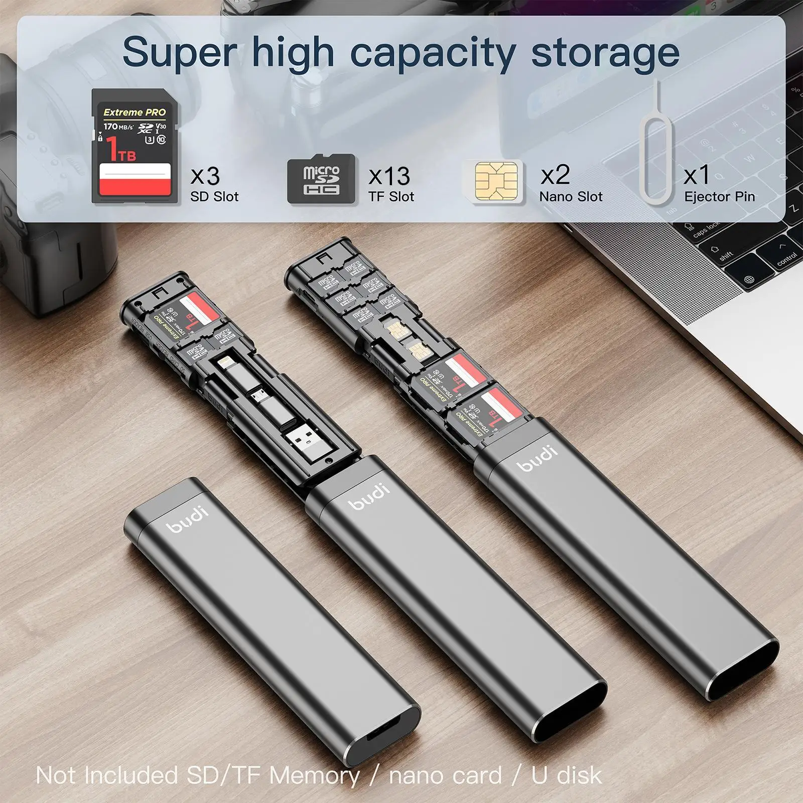 BUDI Multifunctional 9-in-1 SD Card Reader Data Cable USB 3.0 Type-C Phone and Computer Adapter