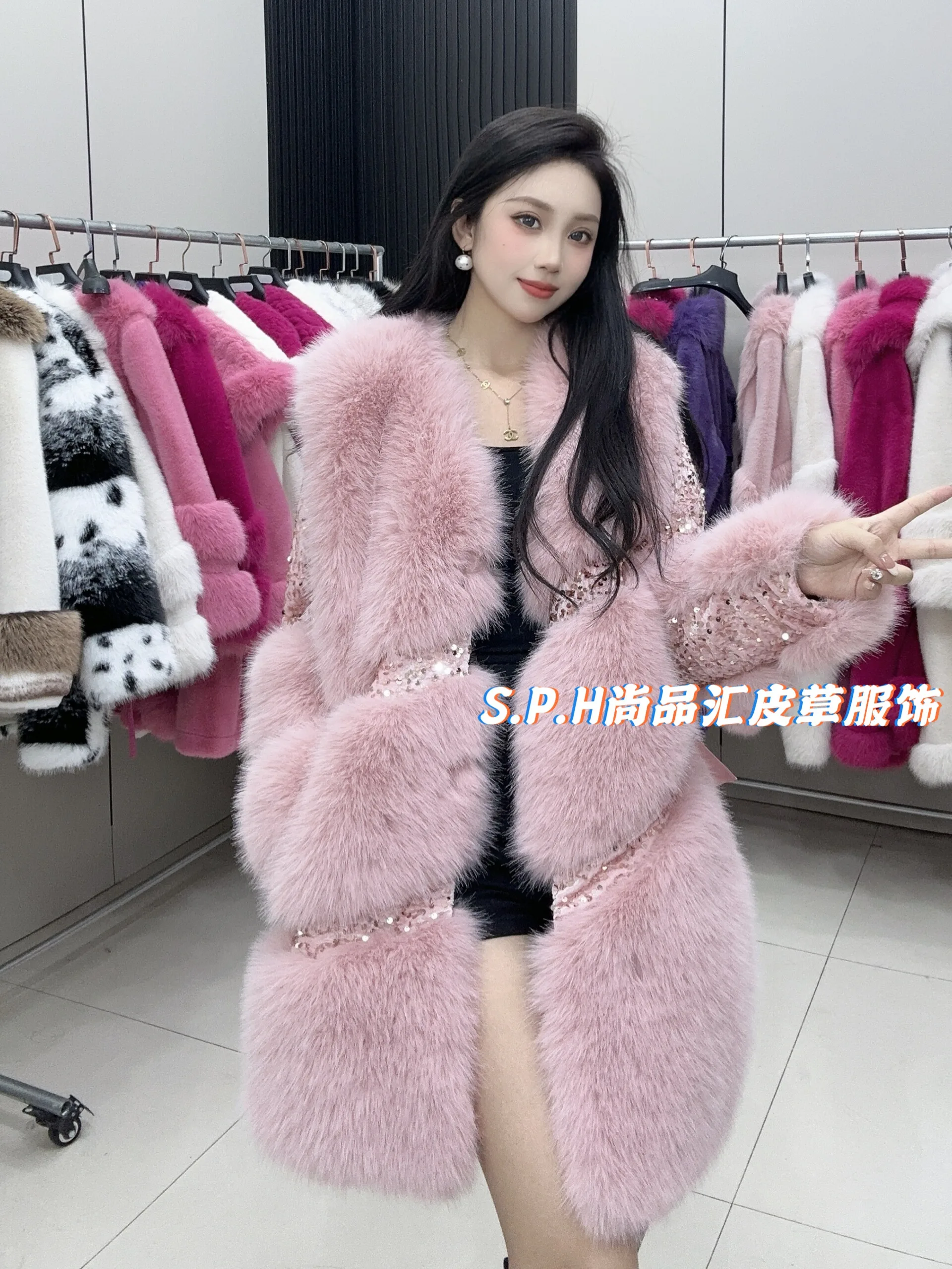 Heavy Industry Sequined Warm Faux Fur Jacket Women 2024 Autumn and Winter Shiny Diagonal Striped V-neck Long-sleeved Jacket