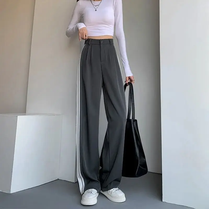 ใหม่ Basic สีเทากางเกงผู้หญิงเกาหลีแฟชั่นเอวสูงตรงลายกางเกงขากว้างฤดูใบไม้ผลิฤดูใบไม้ร่วง Baggy กางเกง