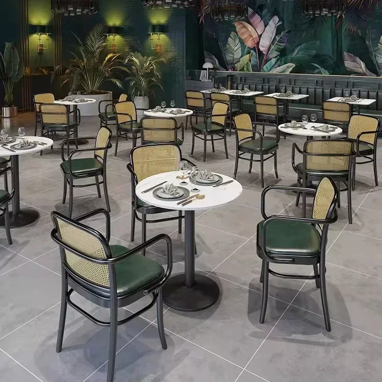 

l High Quality Customized European Style Sintered Stone Dining Table with Metal Leg Restaurant Booth Set and Cafe Bar Rattan Ch