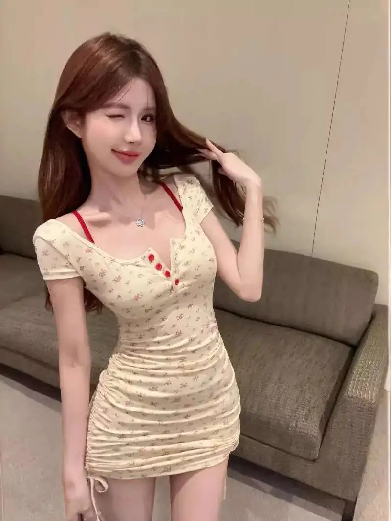 Sense Women Design Pure Desire Fake Two Pieces Fashion Sweet Printed Slim Wrap Hip Backless Hong Kong Style Pleated Dress EFQG