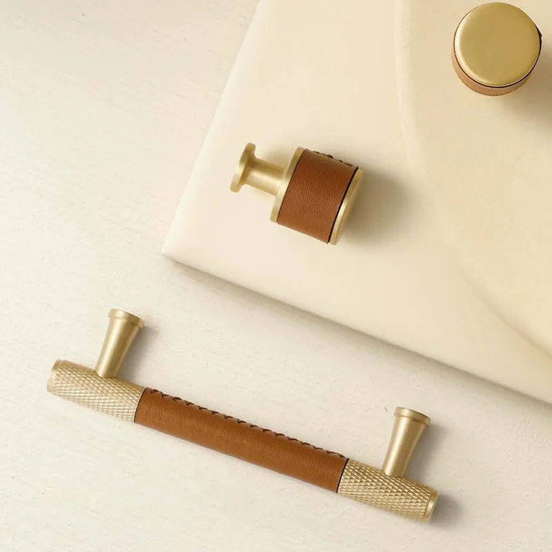 Brown / Black Leather Handles Brass Knurled Cabinet Bar Handle Furniture Knobs Wardrobe Dresser Door Pulls Hardware