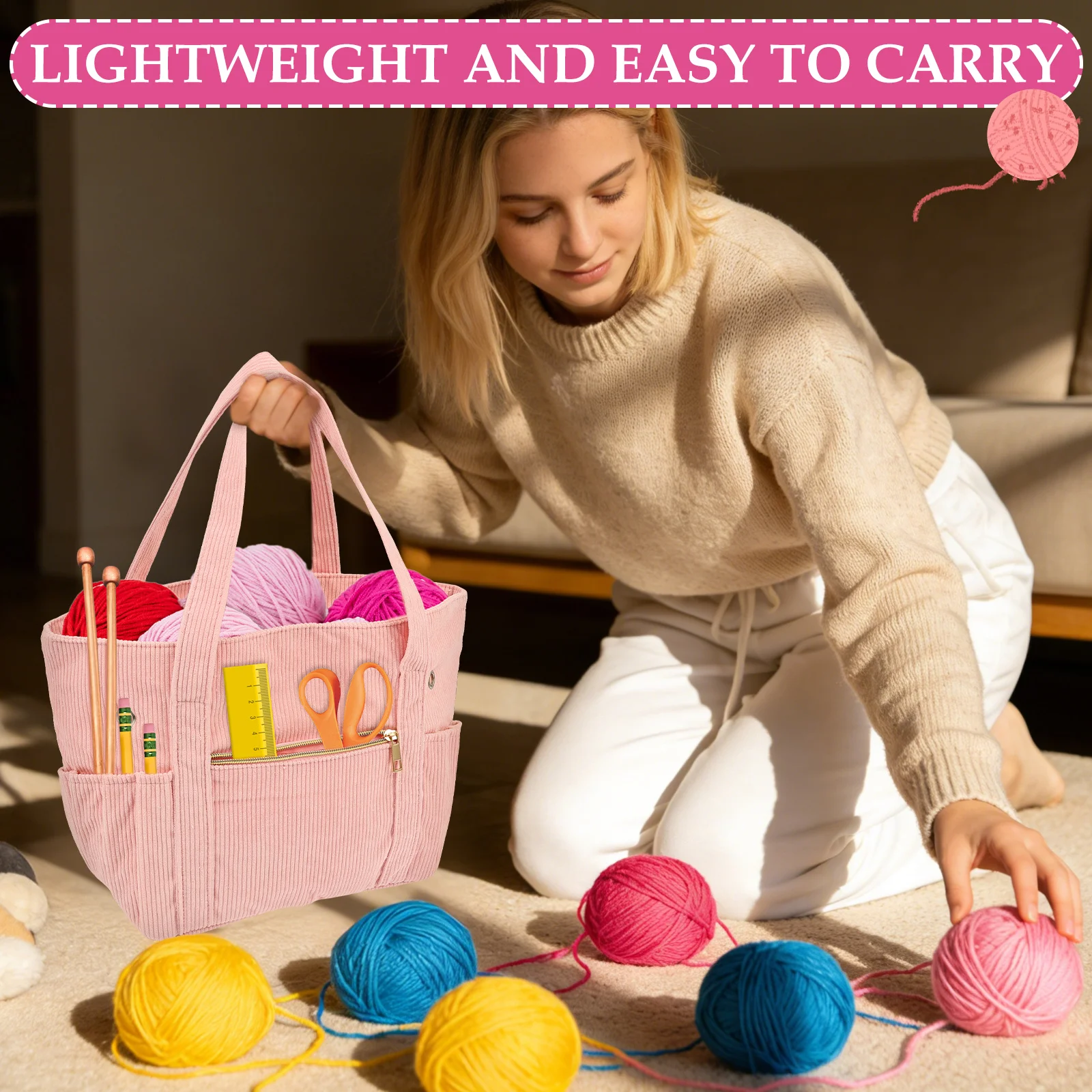 2Pcs Corduroy Crochet Bag Set Portable Soft Yarn Storage Bag with Grommet Needle Holder Large Capacity Large Yarn Storage Tote image 6