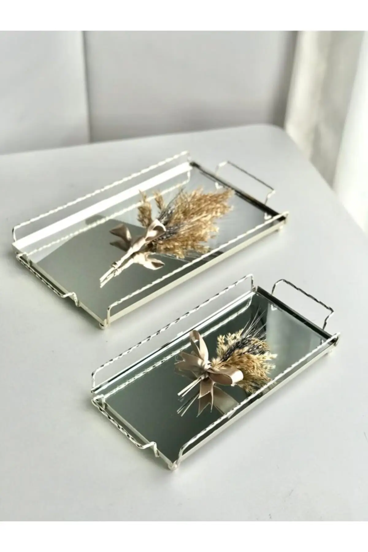 Silver Mirrored Tray Set - Serving and Serving Tray - Channel Auger Square Handle Silver 2 Pieces