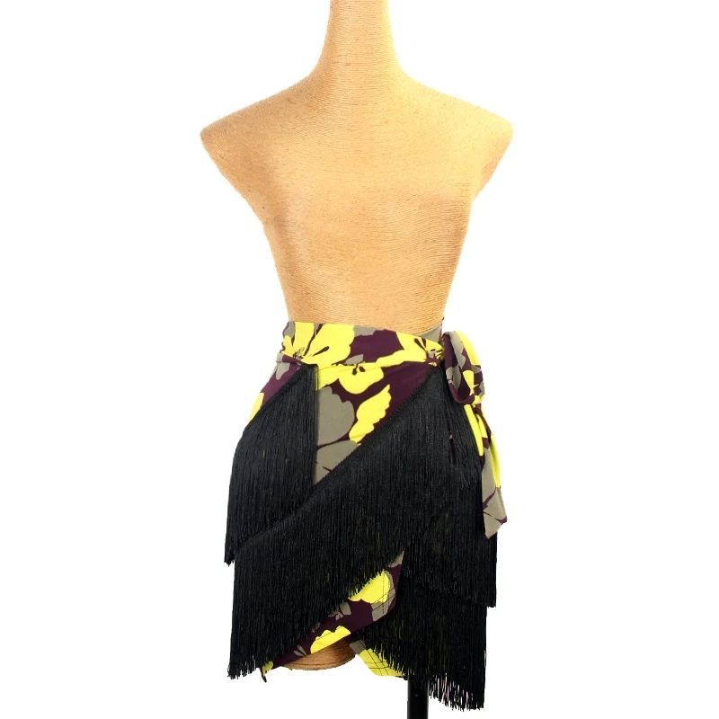 Yellow Flower Print Latin Dance Ckirt Women Tassel Hip Scarf Sexy Practice Clothing Rumba Samba Cha Dance Costume DNV21433