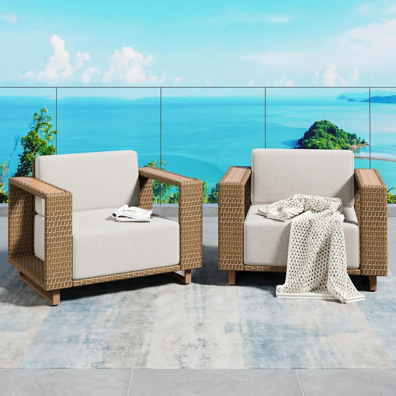 

2 Pieces Patio Furniture Set, Outdoor Rattan Wicker Armchairs with 10''Ultra-Thick Cushions,All Weather Patio, Customized