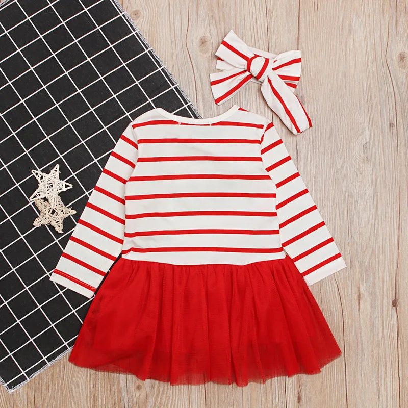 Children\'s Spring and Autumn Collection Girls\' Santa Claus Striped Dress+Headband Two Piece Set Children\'s Dress,W113