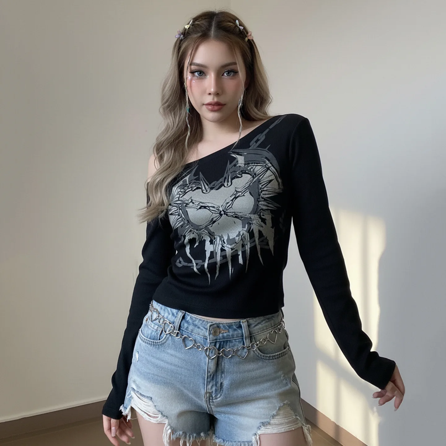ONE TO WAN Goth Women Print Long Sleeve Pullovers Tops Casual Dark Off Shoulder T-shirts Mall Gothic Teachwear Holloween T-shirt