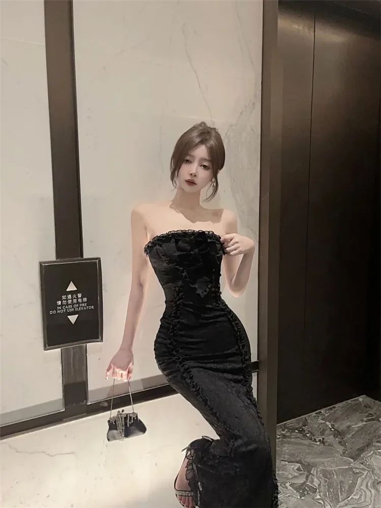 French Palace Black Pink Mermaid Long Dress Black Bow Sexy Strapless Ruffles Evening Party Dress Sleeveless Off Shoulder Dress
