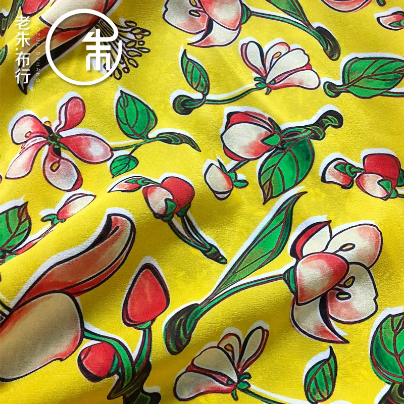 Yellow Background Peach Blossom Pattern Plant Flower Silk Silk Fabric Fabric Crepe De Chine Drape Wide Thin Summer Customization