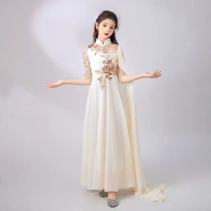 Children's girl's guzheng performance outfit - high-end formal dress with long sleeves for runway show and performance attire